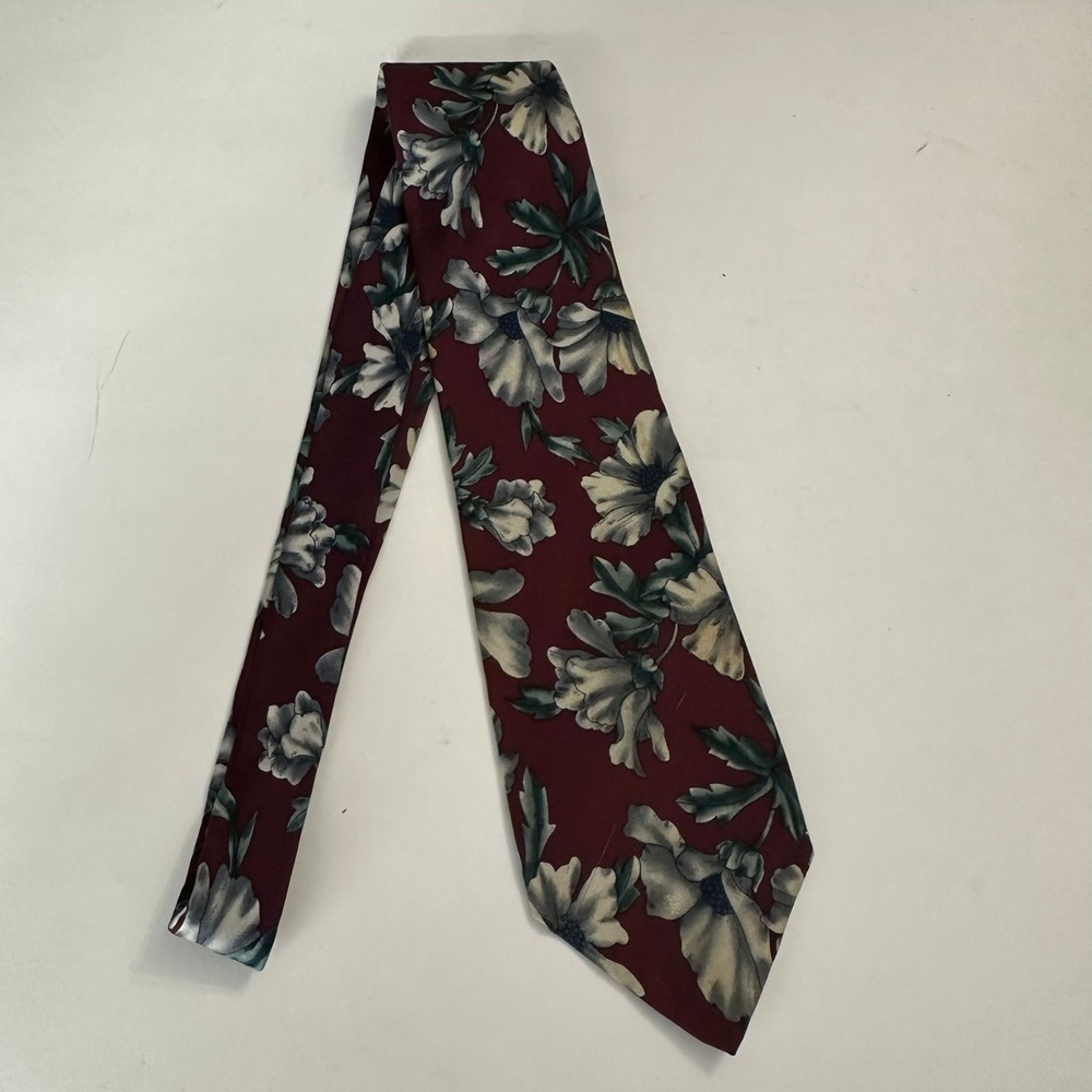 Claybrooke Mens Burgundy Floral Silk Necktie Handmade Botanical Print Tie Office